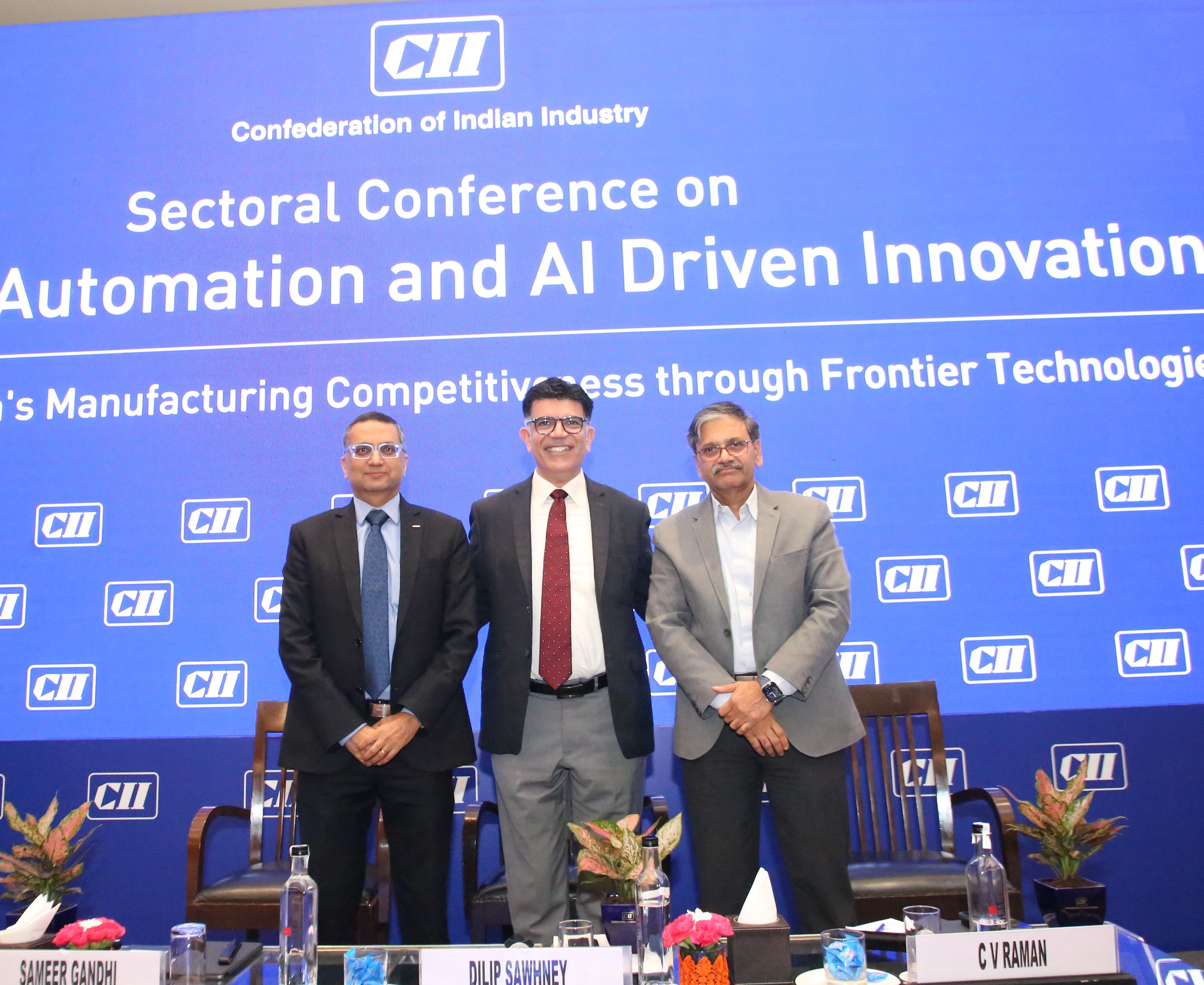 L-R: Mr Sameer Gandhi, Managing Director, Omron Automation Pvt Ltd; Mr Dilip Sawhney, Chairman, CII National Committee on Smart Manufacturing and Managing Director, Rockwell Automation India Pvt Ltd; Mr CV Raman, Member of Executive Committee & Former CTO, Maruti Suzuki India Ltd