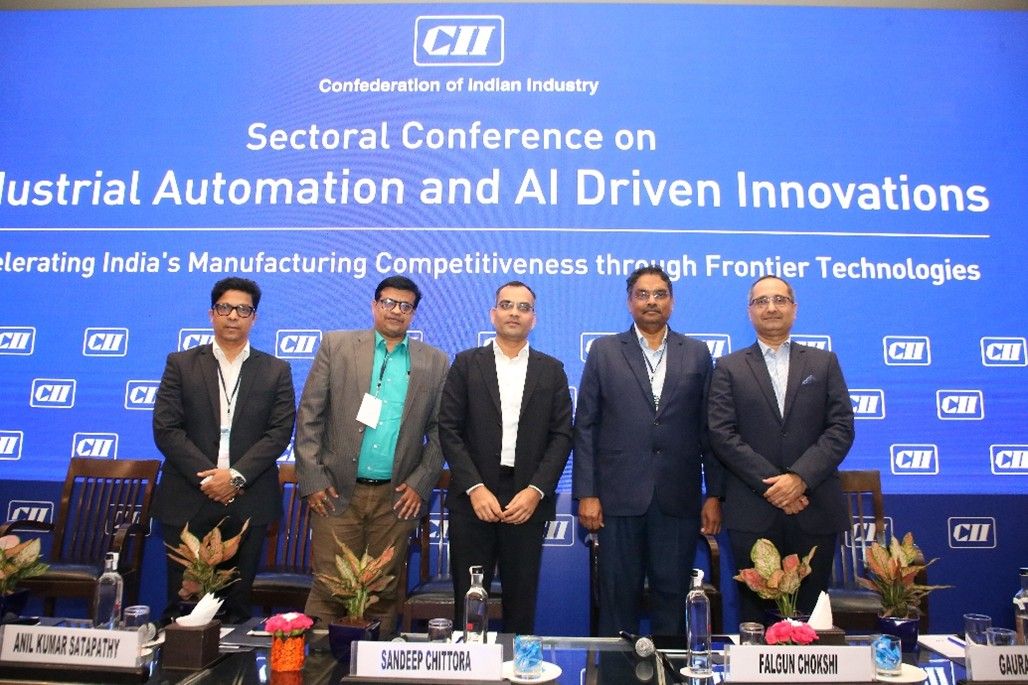 L-R: Mr Sanket Virkar, Vice President and Site Head – Pune Operations, JCB India Ltd; Mr Anil Kumar Satapathy, Executive Director and CTO, DiFACTO Robotics and Automation Pvt Ltd; Mr Sandeep Chittora, Associate Partner, KPMG Assurance and Consulting Services LLP; Mr Falgun Chokshi, Executive Vice President, Larsen & Toubro Ltd; Mr Gaurav Kataria, Vice President - Digital (Manufacturing) and CDIO, ITC Paperboard, ITC Ltd