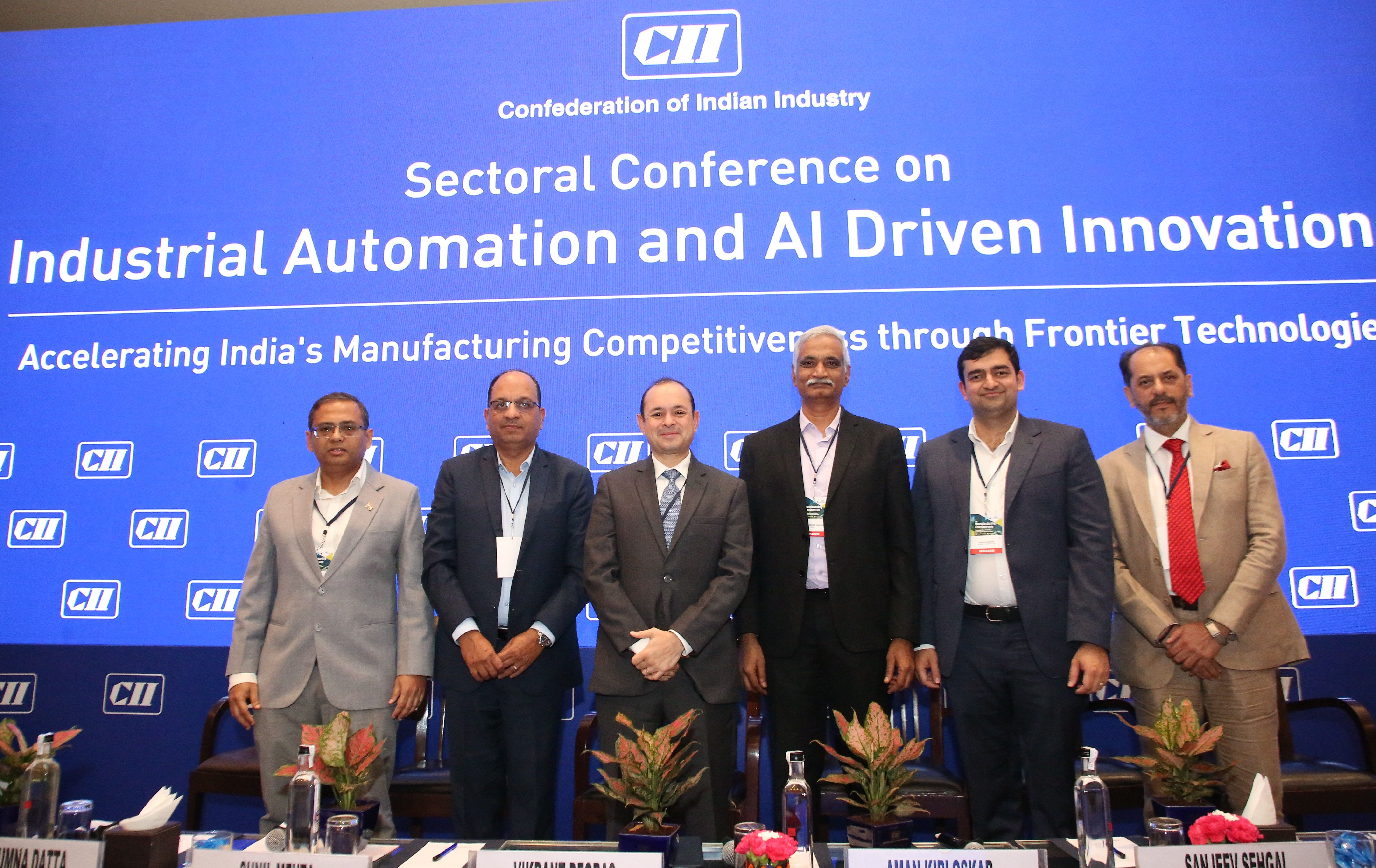 L-R: Mr Indradyumna Datta, Group Chief Digital Officer, Jindal Steel & Power Ltd; Mr Sunil Mehta, President, Automation Industry Association and Assistant Vice President, Mitsubishi Electric India Pvt Ltd; Mr Vikrant Deoras, Chief Digital & Information Officer, Tata Chemicals Ltd; Mr Chandra Sekhar Davuluri, Chief Digital and Technology Officer, ONGC; Mr Aman Kirloskar, Vice President, Kirolskar Pneumatic Co. Ltd; Mr Sanjeev Sehgal, Managing Director, Samriddhi Automations Pvt Ltd